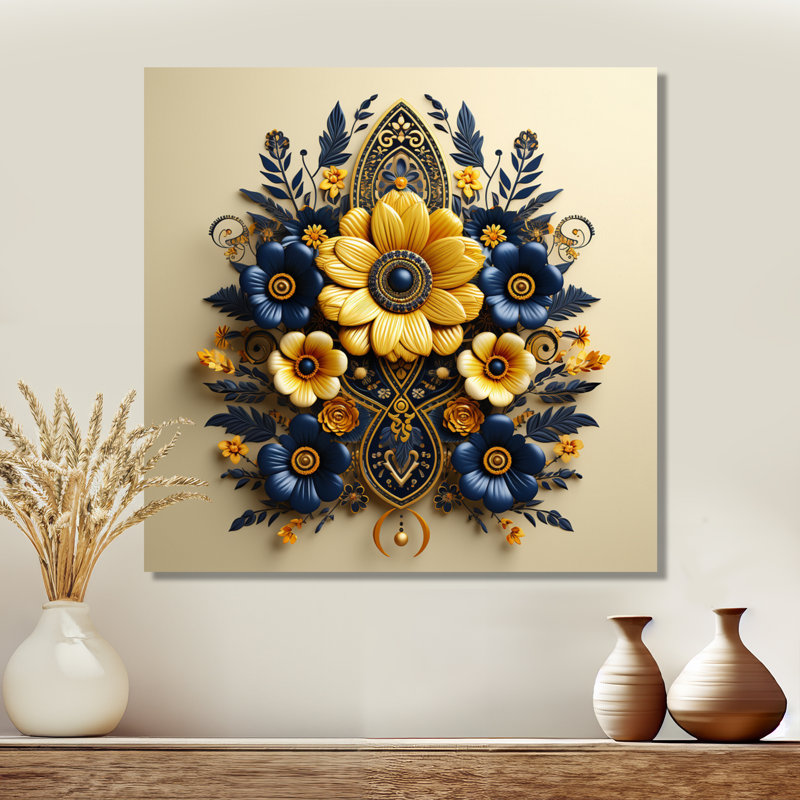 «Yellow & Blue Flowers Persian Geometric Emblem - Botanicals», art mural, Métal métal, H 36 po x l 36 po x P 1,5 po