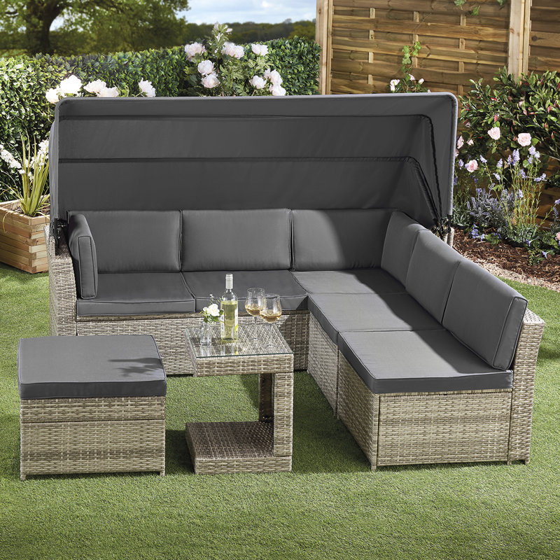 Ludwicka 208cm Wide Wicker Patio Daybed with Cushions, Natural/Dark Grey, Yes