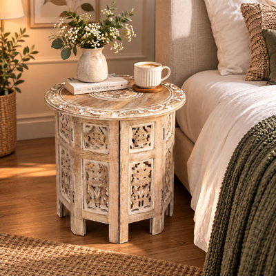 Carved Wood Round End Table- White Wood 