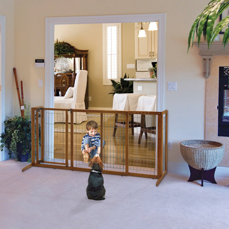 Medium Brown Wood and Metal Freestanding Pet Gate with Door