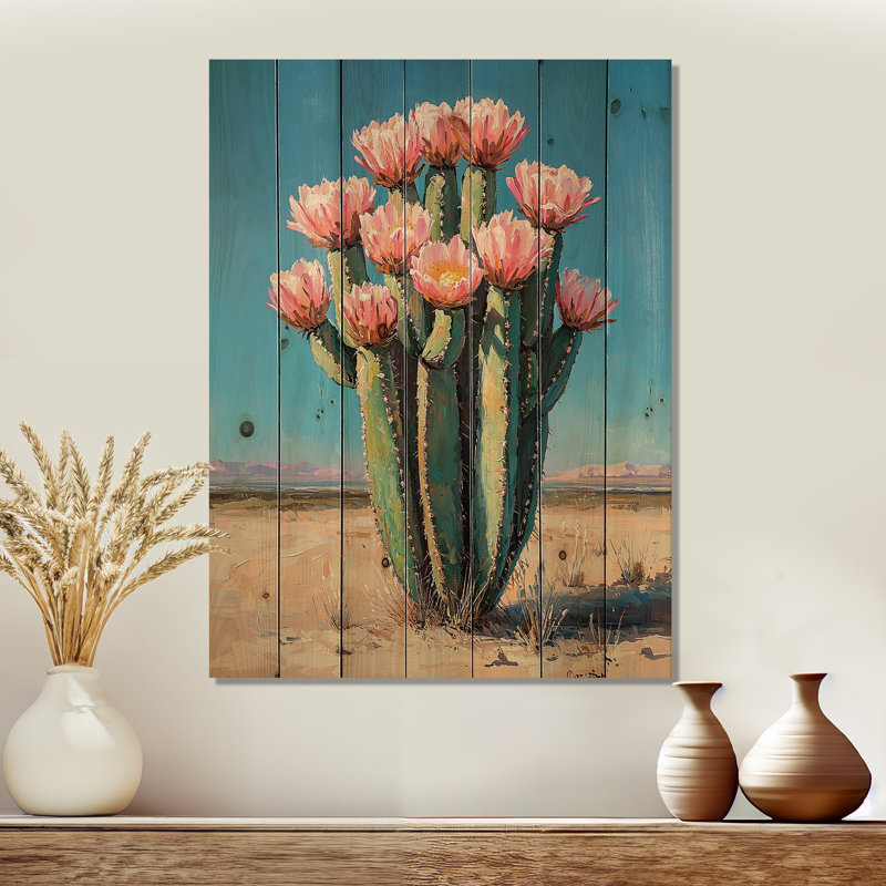 Pastel cactus en fleurs dans le désert II - décoration murale en bois de cactus floral - sur bois de pin naturel