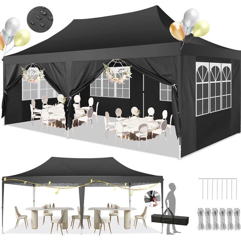 Auvent 10 x 20 avec 6 parois latérales amovibles et auvent imperméable pour le mariage, Noir, noir, noir, noir