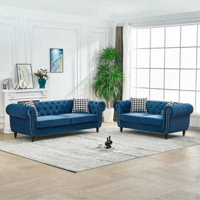 Canapé 3 places et 2 places Chesterfield en tissu d'ameublement en tissu d'ameublement avec accoudoirs roulés et têtes de clou, canapé rembourré de style Mid-Century, canapé 3 + 2 places pour le salon, le bureau, un appartement, bleu