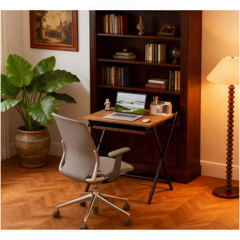 Folding Computer Desk,  With Monitor Shelf For Small Space, Home Office, Study, Walnut, 34.1" H x 27.6" W x 24.4" D