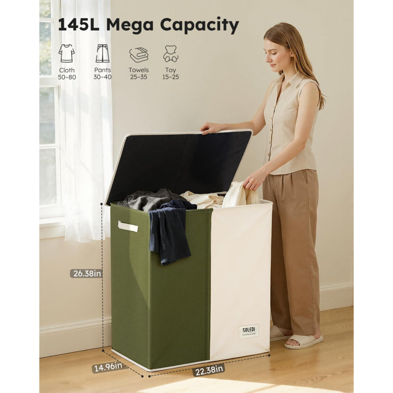 Large Double Laundry Hamper With Lid, Collapsible Clothes Hamper 2 Section With Removable Bags, Space-Saving Laundry Basket For Bedroom, Dorm, College