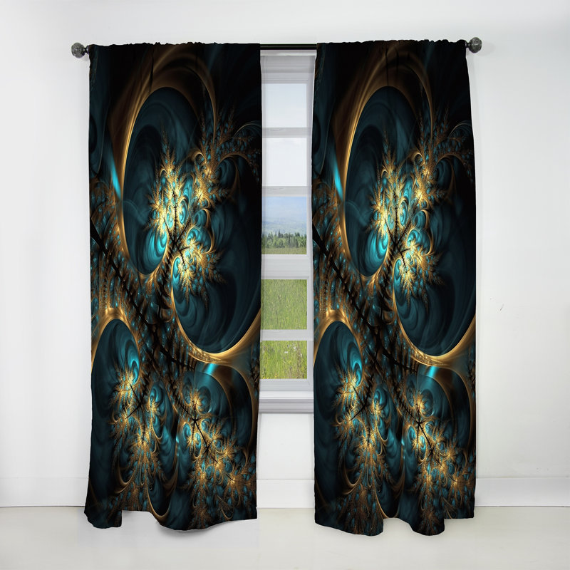 Rideau occultant abstrait doré et bleu The Fractal surrender II - Fractal, L 52 po x L 84 po