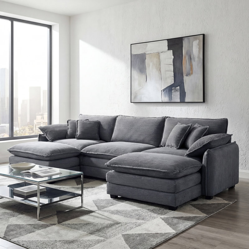 Kaoruko Oversized Modular Cushioned Sofa With Conversible Ottoman, 3-seater Sofa With 2 Footstools, Gray