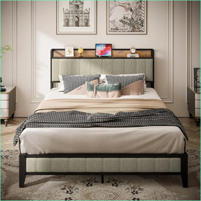 Hodnett Size Grey Metal Platform Bed Frame with Charging Station &amp; Upholstered Headboard - No Box Spring Needed