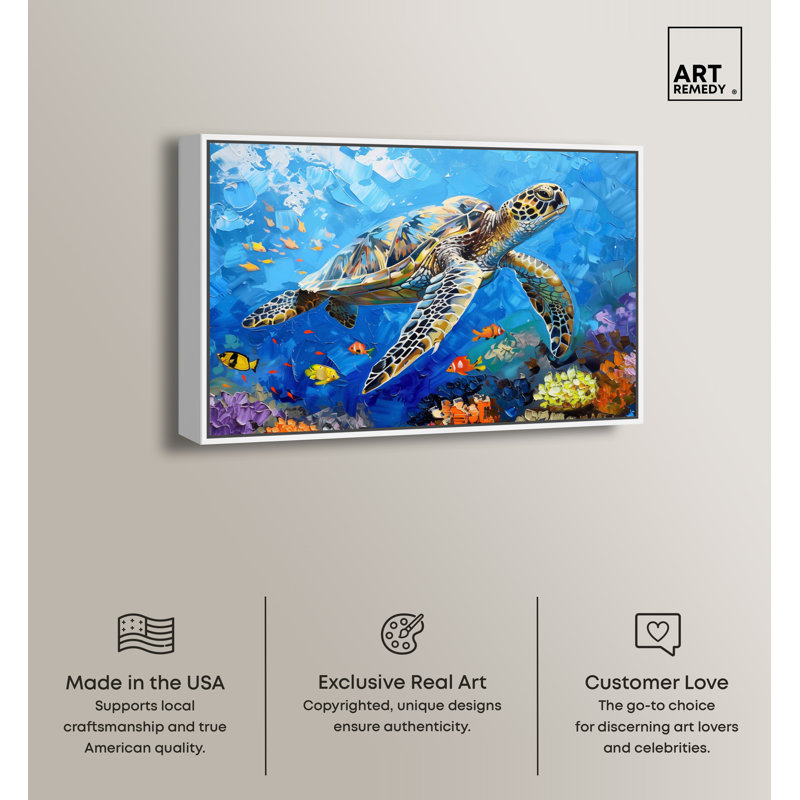 Colorful Coastal Turtle Swimming Canvas Wall Art with White Frame