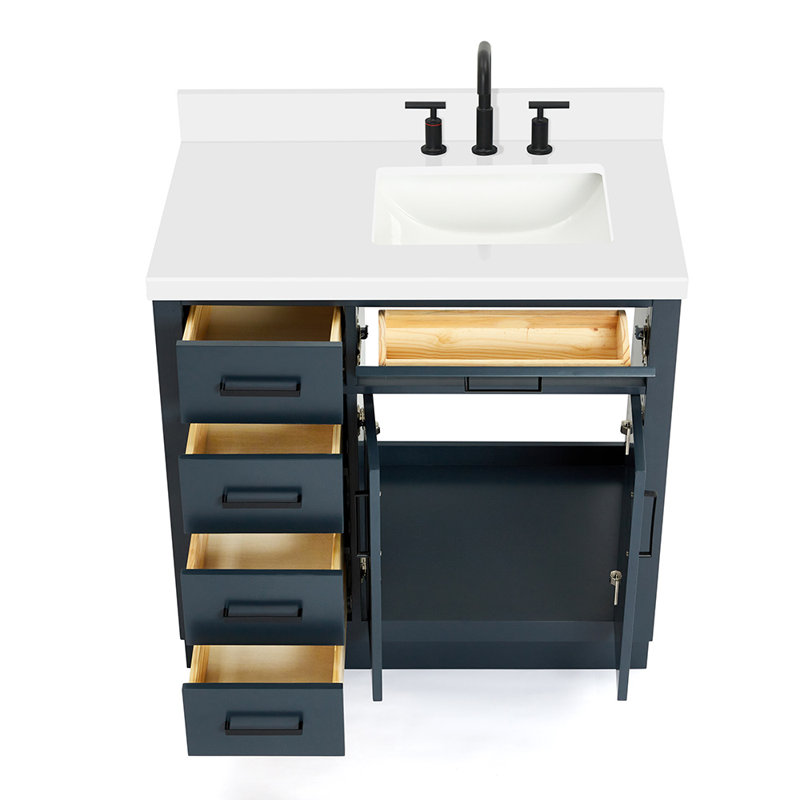 Meuble-lavabo simple en bois massif 36 po Tidworth avec plateau en quartz 1,5 po, Bleu minuit, Oui, Forme rectangulaire