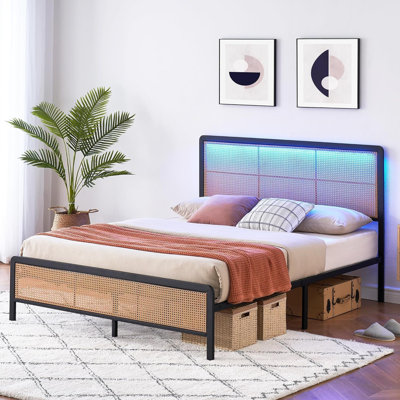 Queen Metal Rattan Bed Frame with LED Headboard, Boho Style, Black & Oak