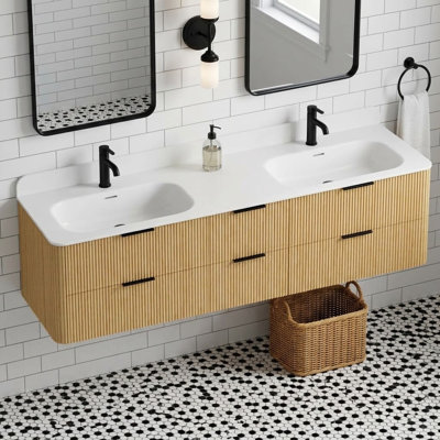 72" Fluted Freestanding Bathroom Vanity with Acrylic Sink Top and Black Hardware in Golden Oak
