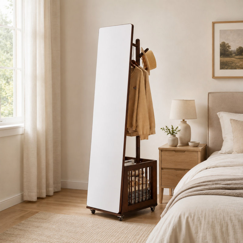 Porte-manteau en bois massif avec miroir pleine longueur et panier de rangement