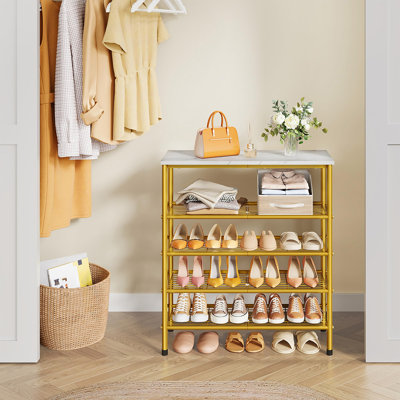 33 in. H 20-Pair 5-Tier White Gold Metal Shoe Rack