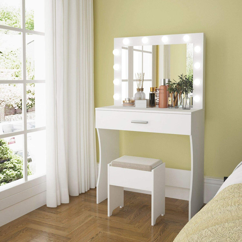 Ensemble coiffeuse 31,5 "avec miroir lumineux et tabouret, Blanc