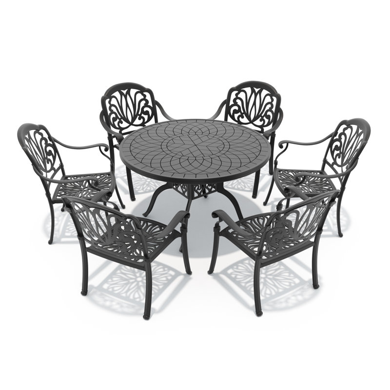 Ensemble de salle à manger d'extérieur rond 7 pièces de 120 cm (47,24 po) avec 6 chaises empilables et coussins bruns, 6