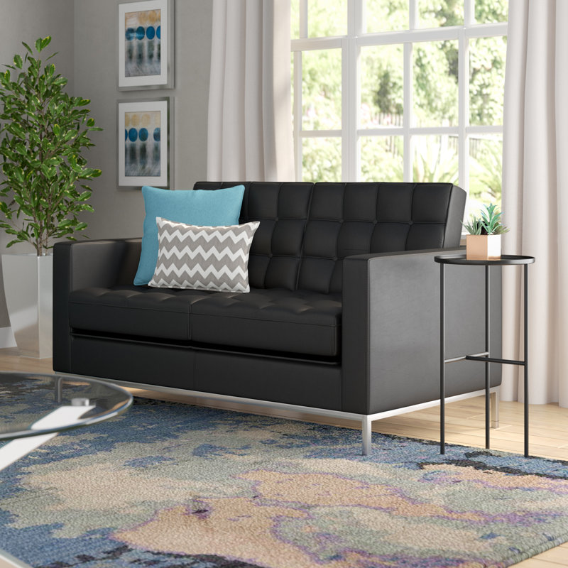 Amjed Contemporary Button Tufted Leather Loveseat w/ Steel Frame, Black