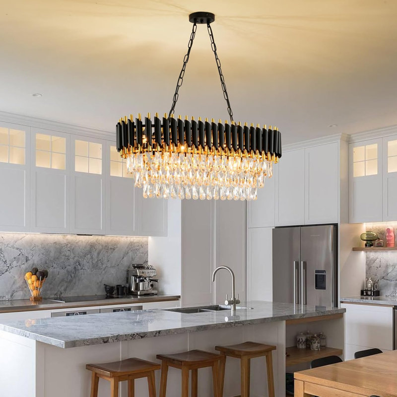 31.4" Modern Black Oval Crystal Chandelier, E14 Base (Bulb Not Included)
