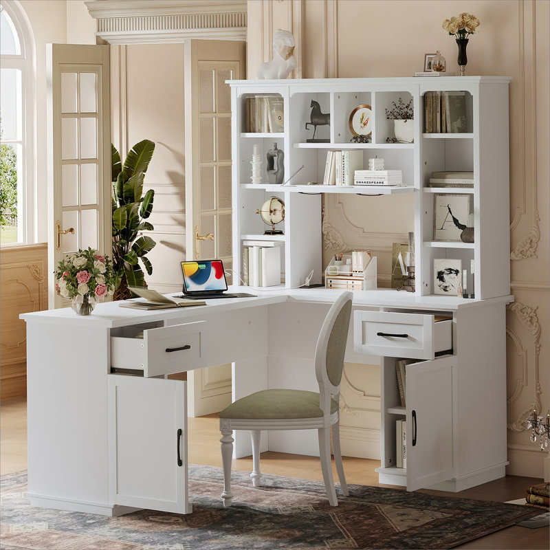 L-Shaped Desk With Drawers, Cabinets & 11 Shelves, Power Outlet For Home Office & Study, White