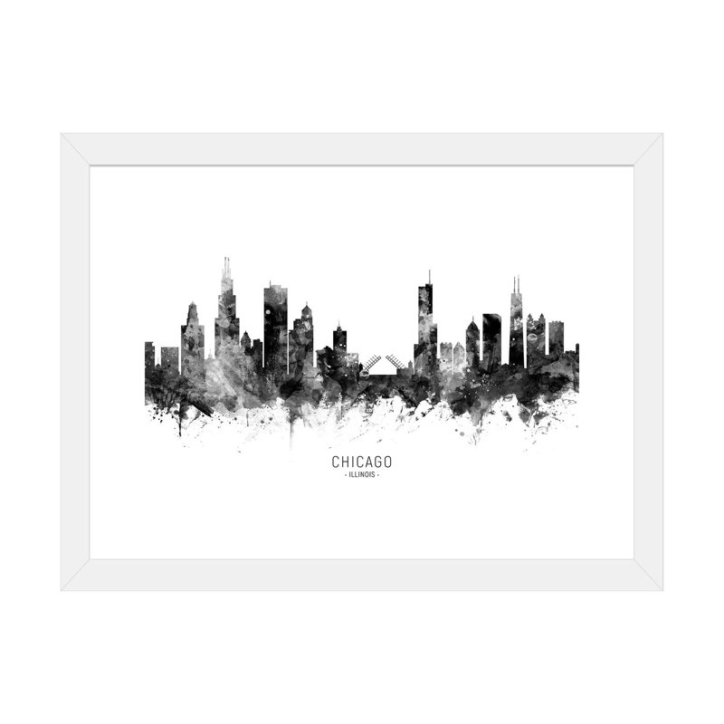Impression d’art graphique, "Chicago Illinois Skyline" par Michael Tompsett, H 16 po x l 24 po x P 1 po, Papier encadré blanc