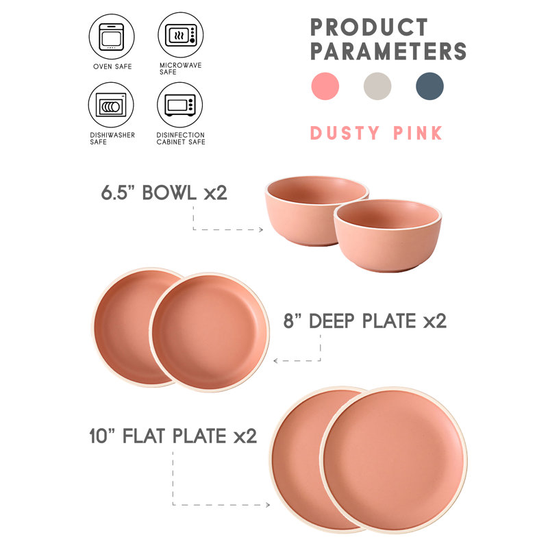 Service de vaisselle 6 pièces, service pour 2, Rose