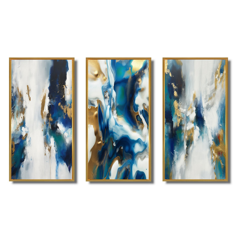 «Feeling Spirit Abstract» en bleu et or - Ensemble de 3 impressions, Cadre flottant doré, H 32 po x l 48 po