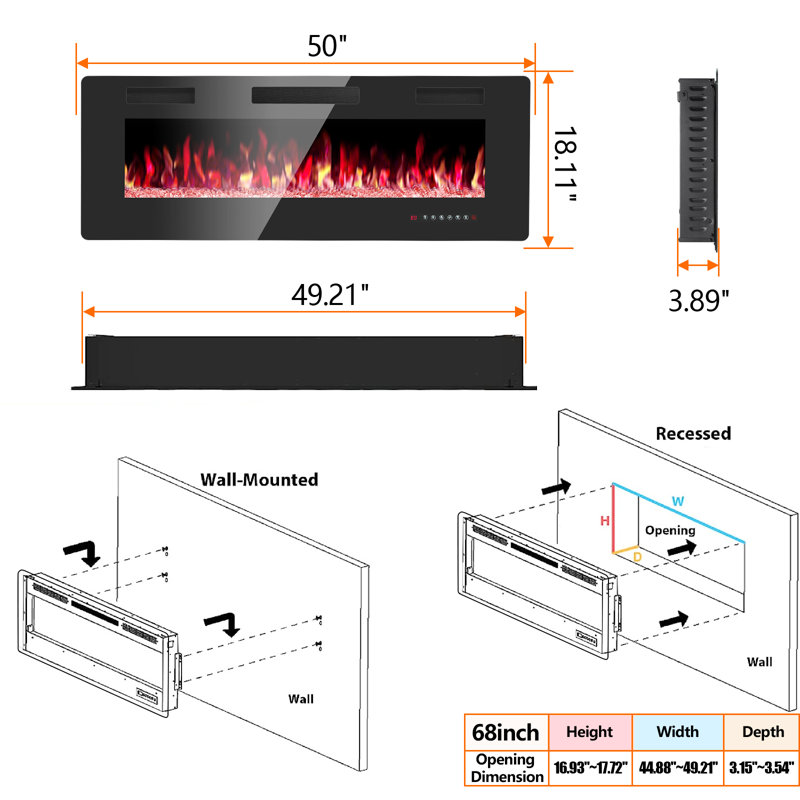 Recessed and Wall Mounted Electric Fireplace with Adjustable Flame Brightness & Speed, Multicolor