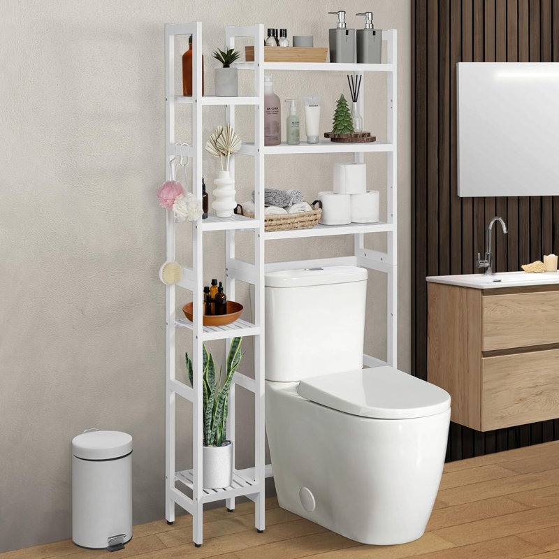 Rangement au-dessus de la toilette réglable en bambou de 31 pouces avec crochets et tablettes latérales, options multiples
