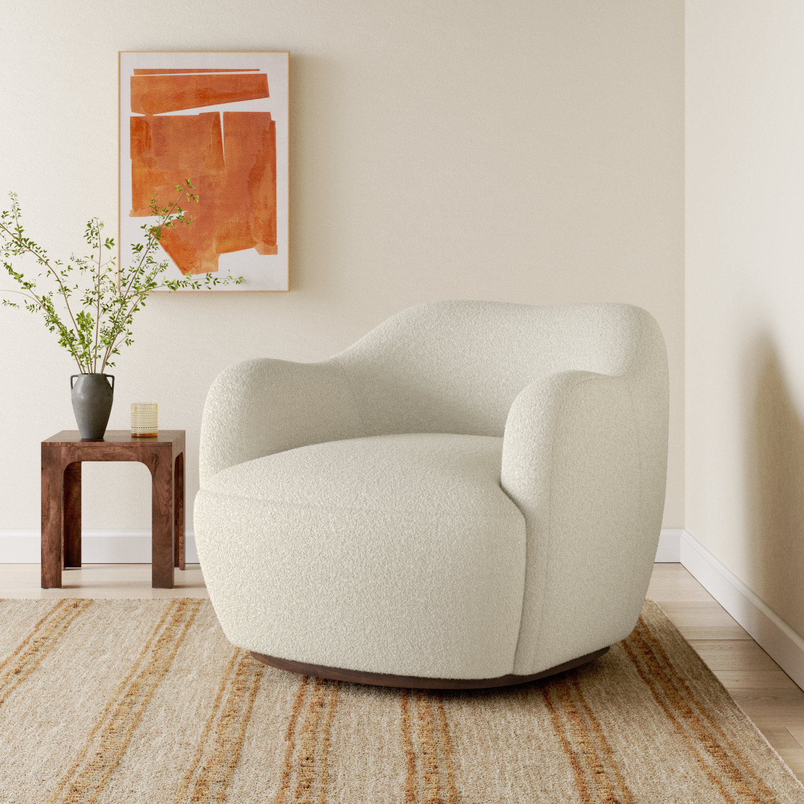 Alaska Oak Genuine Leather Swivel Barrel Chair, Sheldon Ivory Polyester Blend