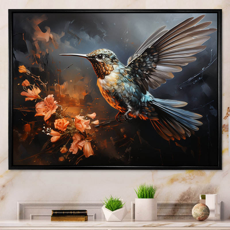 Art floral de minuit Melody 4 - Colibri, Cadre flottant noir, 24" H x 32" W x 1" D