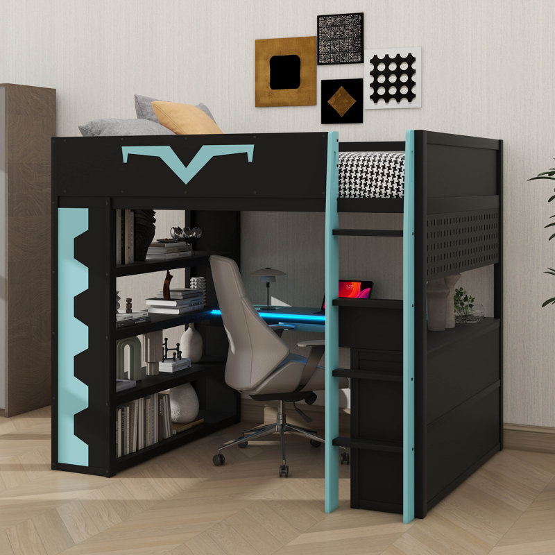 Full-Size Gaming Loft Bed With Built-In Desk & LED Lighting, Pro-Gamer Bed With Power Outlet, Spacious Bookshelf, Pegboard, Keyboard Tray & Storage Drawer