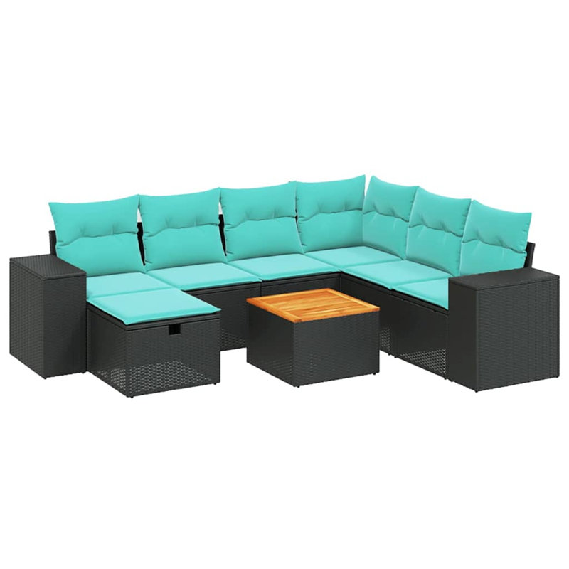 Ensemble de canapé de patio 8 pièces avec coussins en rotin de polyester, Bleu clair, Noir