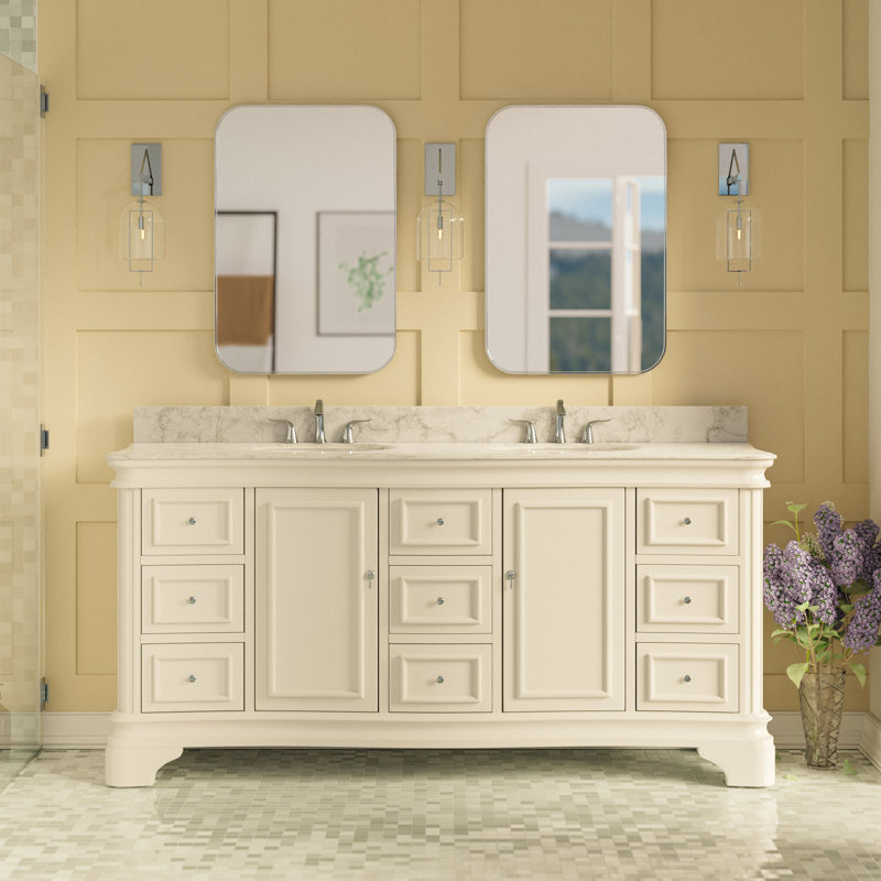 Ensemble de meuble-lavabo double 72 po Twain avec rangement blanc et comptoir en marbre de Carrare, Marbre de Carrare, Blanc