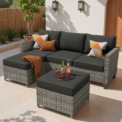 3-Person Outdoor Wicker Sofa Set with Two Ottomans, 3.54" Thick Cushions, Patio Conversation Seating for Backyard and Deck