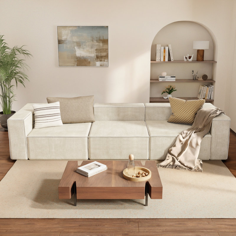 Boneless 108" Luxury Corduroy Three-Seater Compression Module Cloud Couch Living Room Sofa, Beige