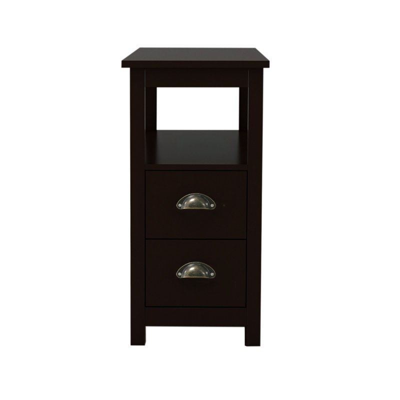 End Table, Narrow Nightstand With 2 Drawers and Open Shelf