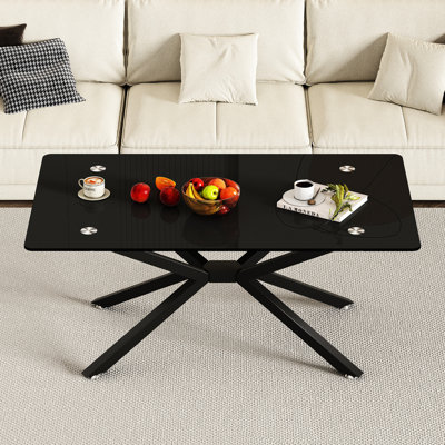 Rectangle 39.23" Black Glass Coffee Table, Modern Metal Legs For Guest Room, , Quick Installation Table With Legs, Contemporary Design Area, Stable Structure, Non - Staining