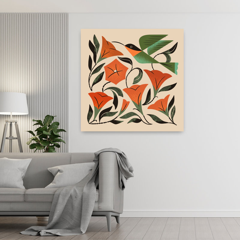 Art contemporain avec colibri et fleurs de trompette, H 48 po x l 48 po