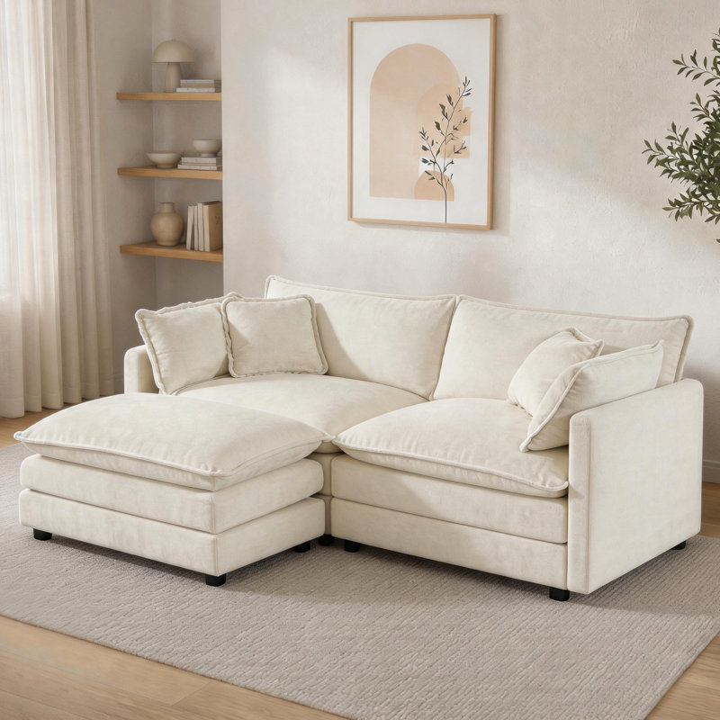 Canapé modulaire 70 po en L chenille 70 po avec repose-pieds pour petits espaces, Chenille beige
