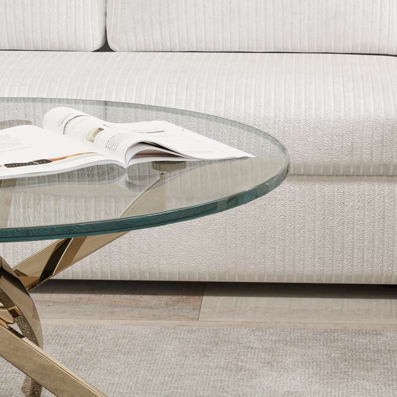 Landgraf Glass Top Round Coffee Table,Cocktail Table,Glass End Table, Gold, 18.3" H x 35.4" W x 35.4" D