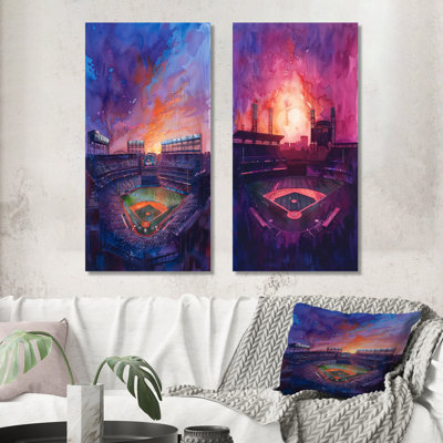 Ensemble de 2 pièces d'art mauve et orange avec baseball Stadium At Night I - Stades