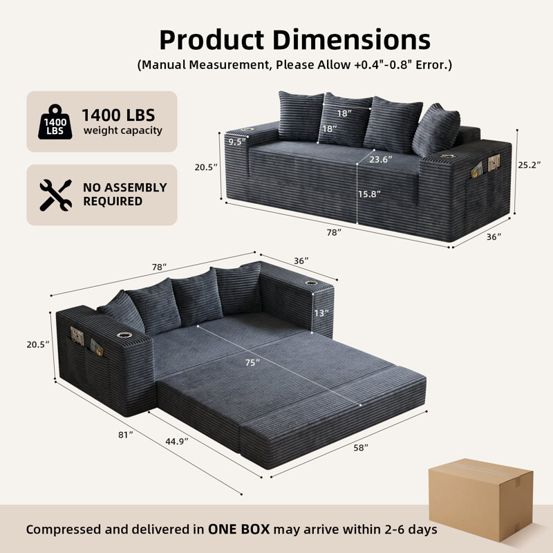 Upholstered 78 " Cotton Sofa, Gray