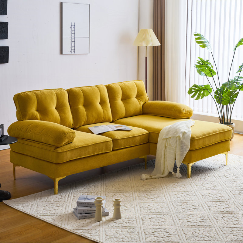 Reubyn Velvet L-Shaped Sectional Right Hand Facing, Yellow Velvet