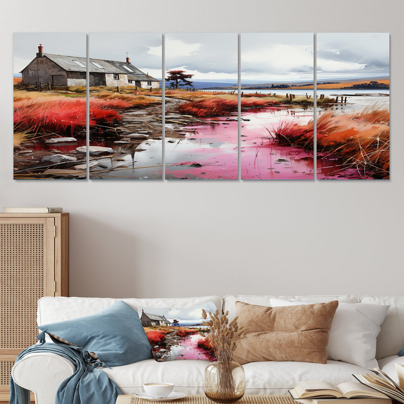 Meadow Cottage At The Pond III - Landscape Cottage, art mural 5 pièces, H 28 po x l 60 po