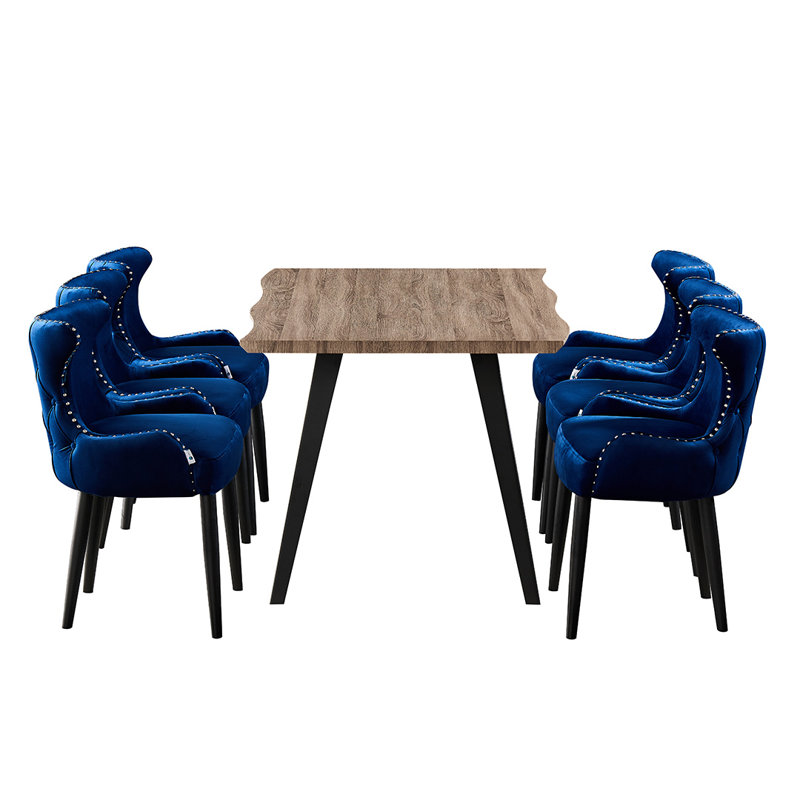 Ricky 6 Person Dining set - a Rectangular Wooden Dining Table with Metal Legs and a Set of 6 Quilted Velvet Dining Chairs for Dining Room - Modern Dining Table Set