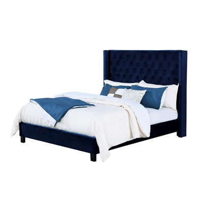 Transitional Style Navy King Bed Frame Featuring Fully Upholstered Frame, Diamond Pattern Stitching And Button Headboard For Bedroom With Wingback Use
