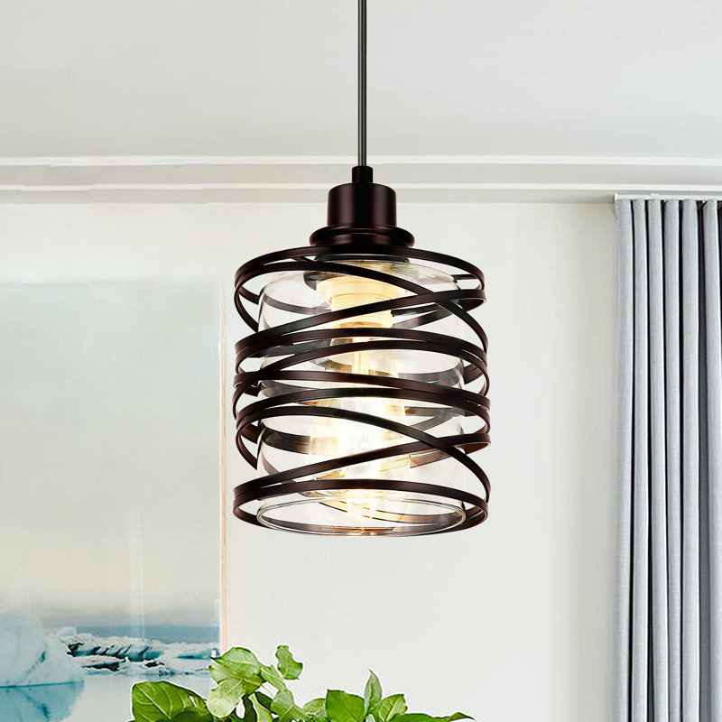Luminaire suspendu cylindrique à 1 lumière de 6,29 po avec abat-jour en verre pour îlot de cuisine Yadah, Transparent