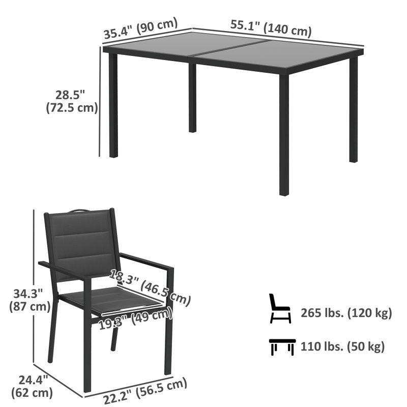 Ensemble repas d'extérieur 5 pièces avec 4 chaises empilables et plateau en verre trempé