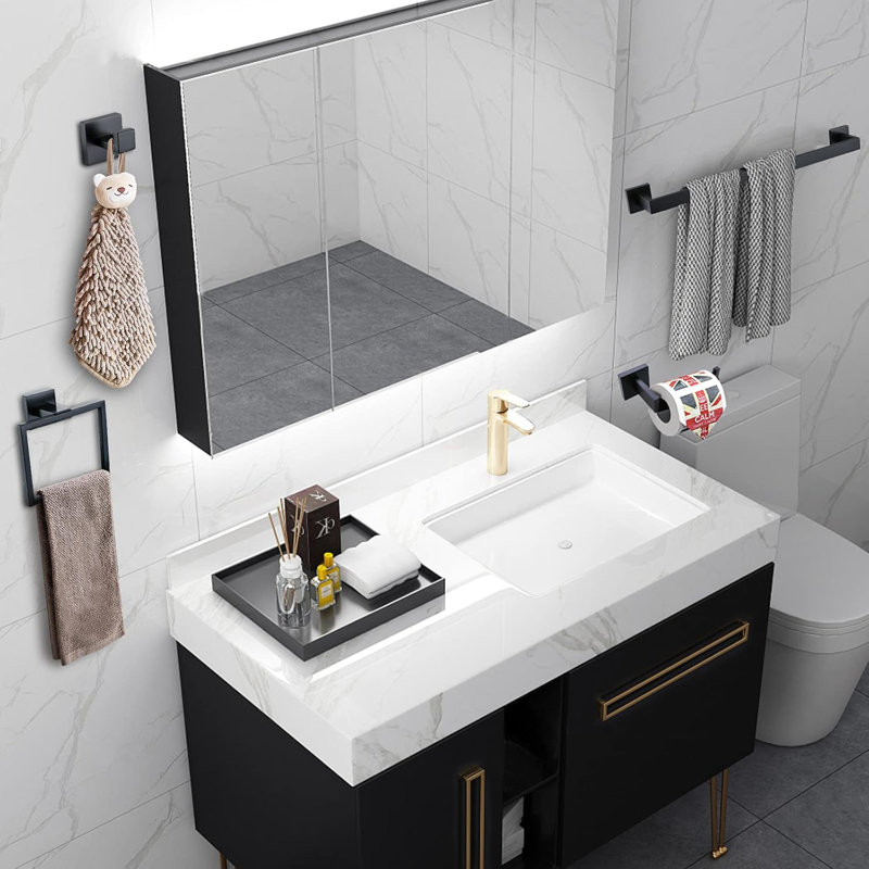 Matte Black Bathroom Accessories Set - 4-Piece Stainless Steel Towel Rack Holder Kit With Mounting Hardware For Modern Bathroom Decor