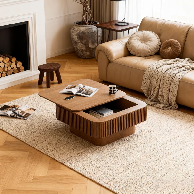 Table basse carrée avec rangement, Noyer